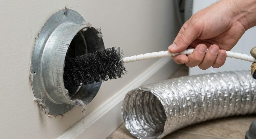     A dryer vent brush removing lint from a wall duct after the flexible hose has been disconnected.