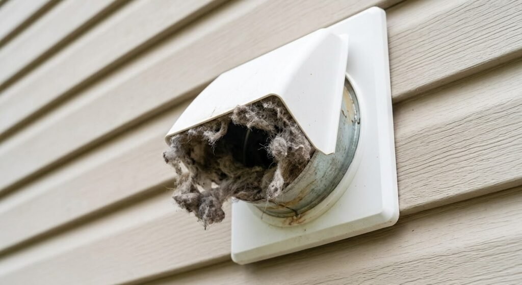     Lint buildup blocking the opening of an exterior dryer vent hood.