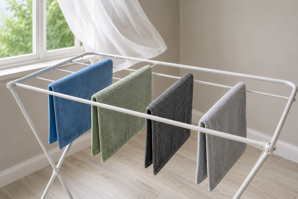 Clean microfiber cloths spaced apart on a drying rack near an open window