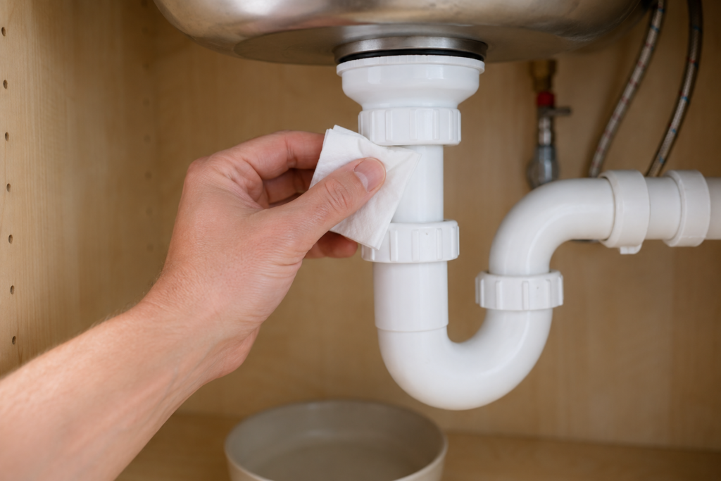 Checking a sink drain joint for moisture with white tissue.