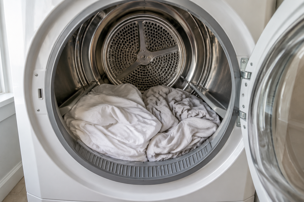Bed sheets loosely loaded inside an open dryer drum.