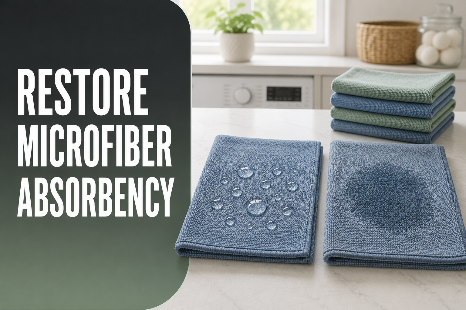Water beading on one microfiber cloth and absorbing into another beside clean cloths