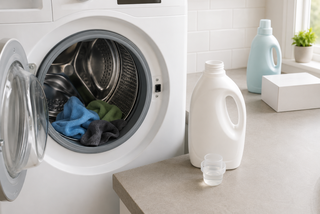 Small microfiber-only washer load beside measured liquid detergent with fabric softener and dryer sheets set aside