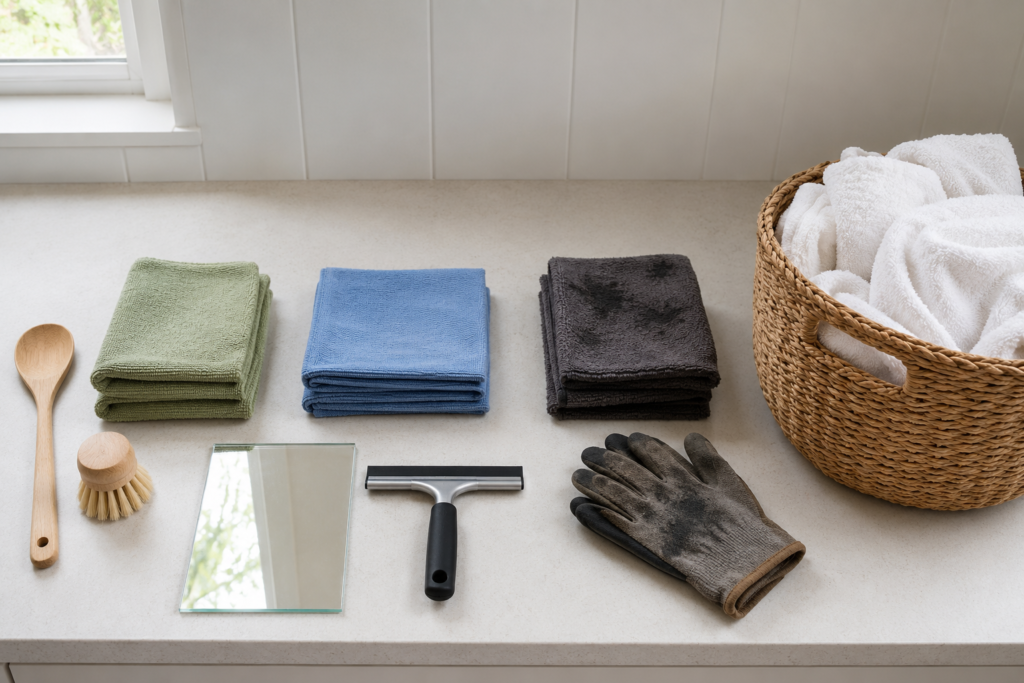 Microfiber cloths sorted by cleaning task with cotton towels kept in a separate basket