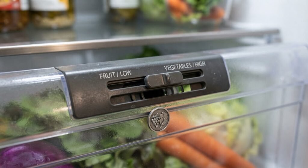 Humidity control slider on the front of a refrigerator crisper drawer