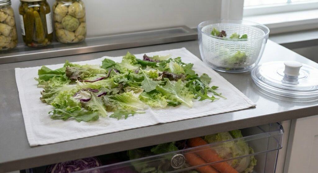 Washed lettuce leaves drying on a kitchen towel beside a salad spinner