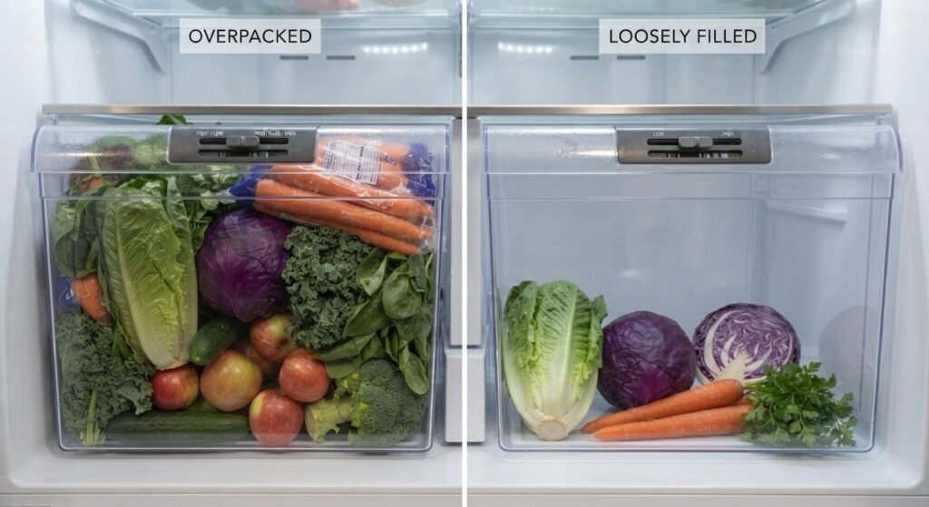 Comparison of an overpacked crisper drawer and one filled with room for airflow