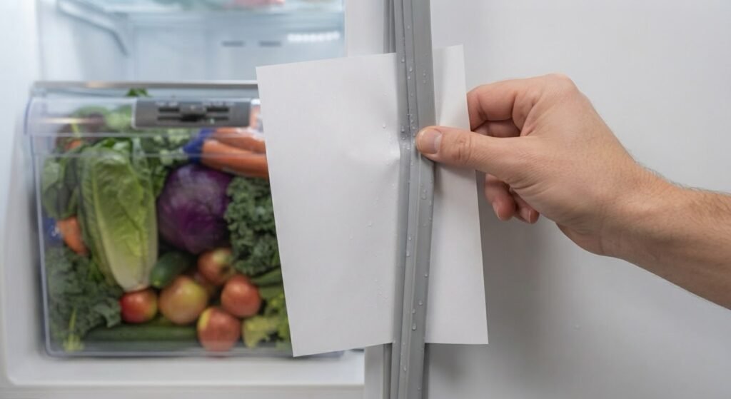 Checking a refrigerator door seal by pulling a sheet of paper closed in the door