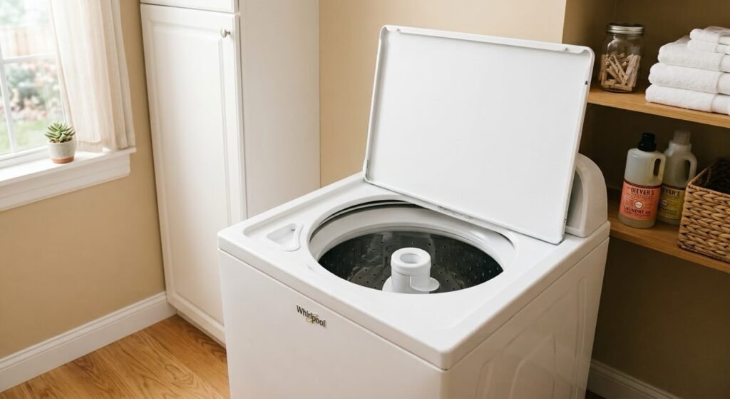 Top-load washer with the lid left open after a wash cycle

