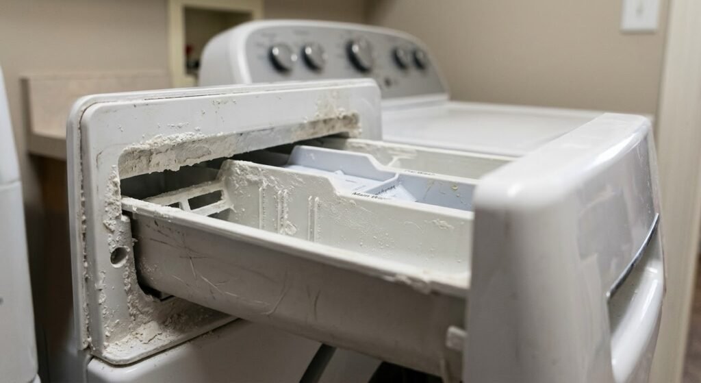Detergent dispenser removed from a washer showing residue buildup
