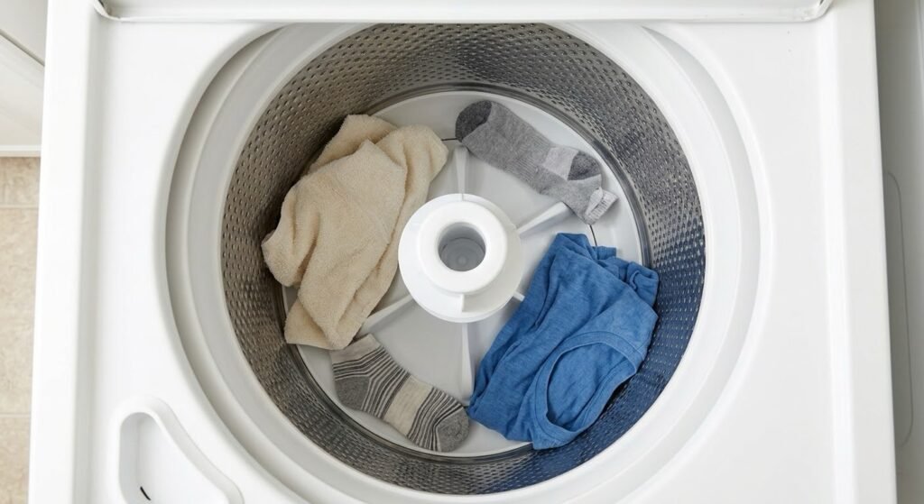 Laundry placed loosely around a washer agitator

