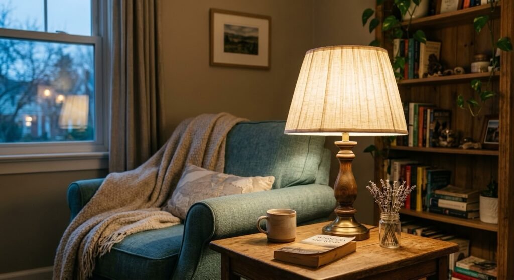 A soft fabric lampshade on a table lamp with warm ambient lighting in a cozy home interior