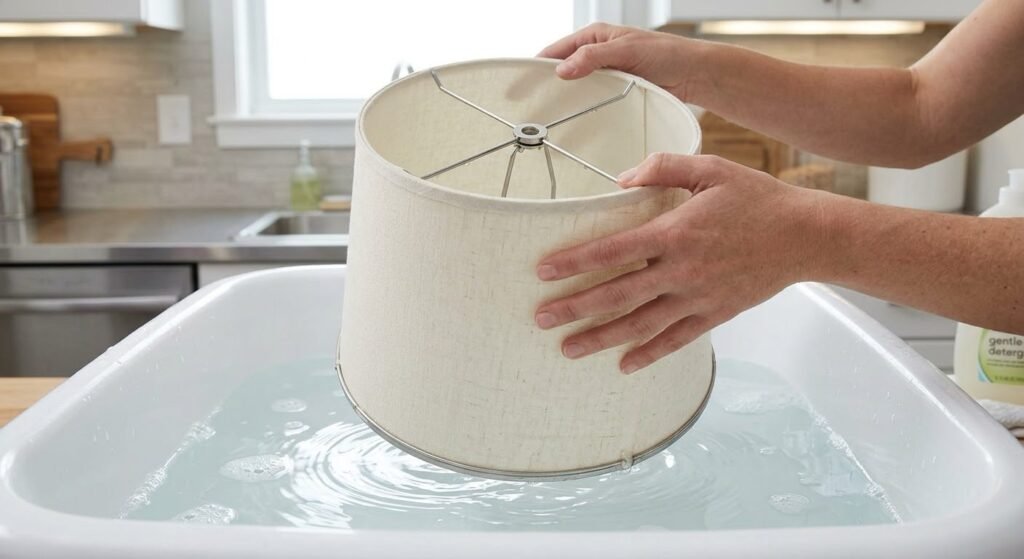Close-up of hands holding a fabric lampshade by its metal frame and dipping it into a tub of clean soapy water in a bright setting