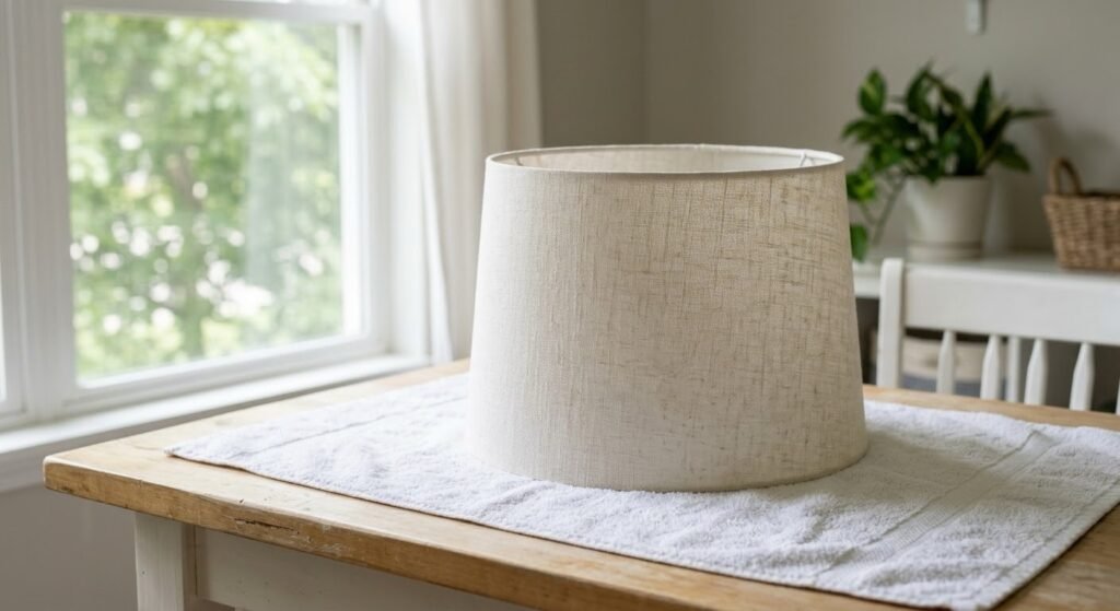 A fabric lampshade drying on a clean towel in a well-ventilated room with soft natural light