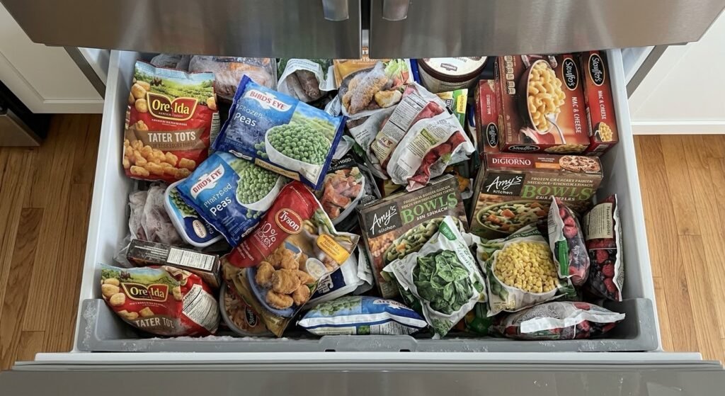Messy bottom drawer freezer full of frozen food bags piled without organization