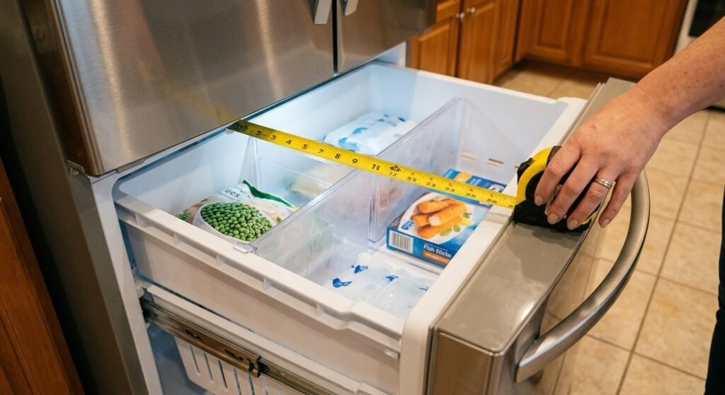 Measuring the interior width of a bottom drawer freezer before buying organizer bins