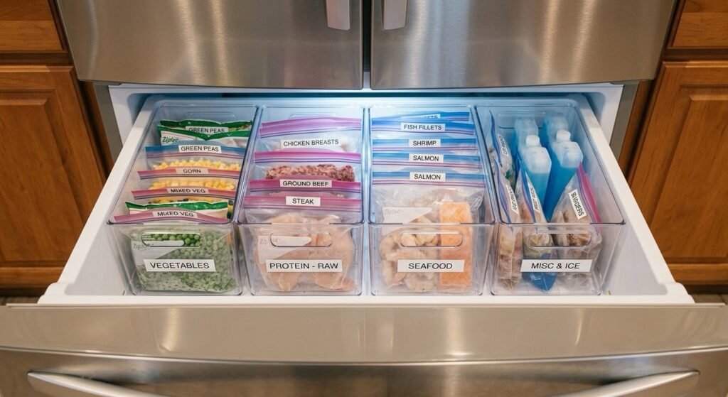 Organized bottom drawer freezer with clear labeled bins and flat frozen bags stored vertically