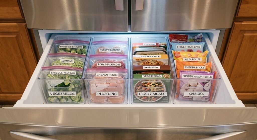 Four labeled category bins organizing a French door refrigerator freezer drawer