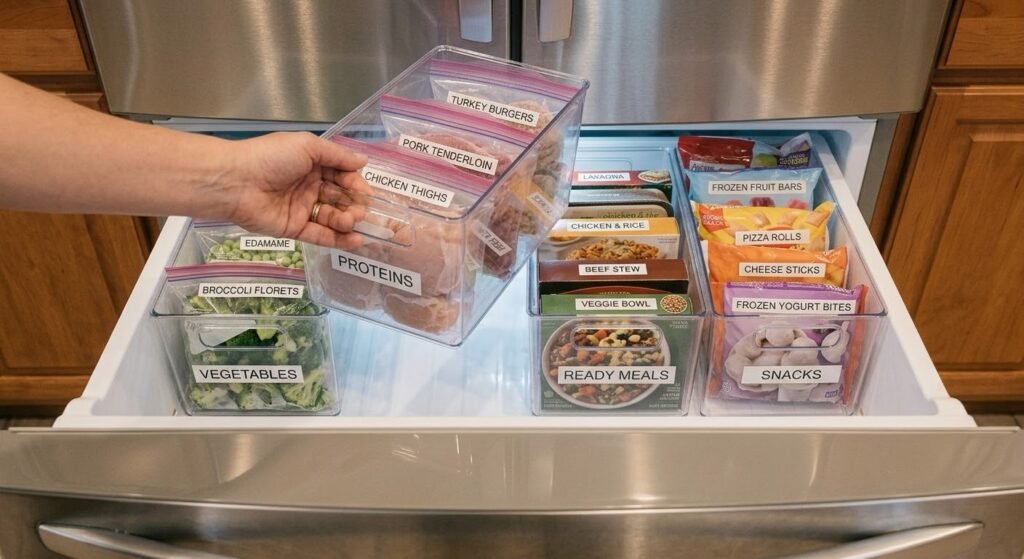 Lifting a labeled organizer bin out of a bottom drawer freezer without digging through food