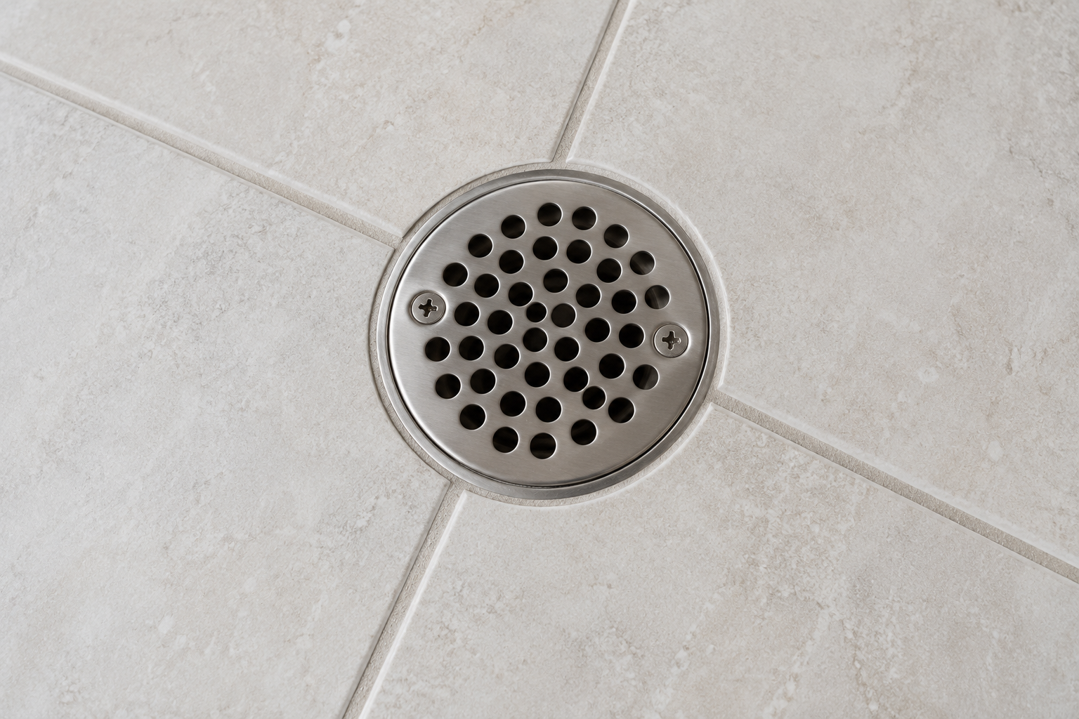Flat shower drain grate and surrounding tile checked for a hair catcher