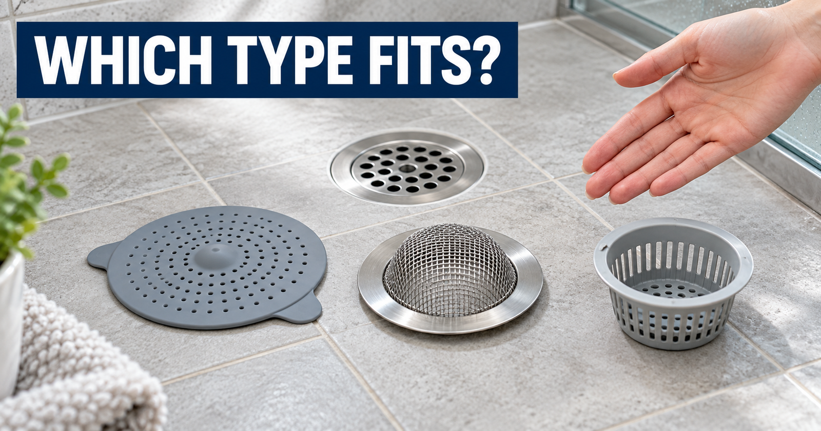Three shower drain hair catcher styles compared beside a clean drain